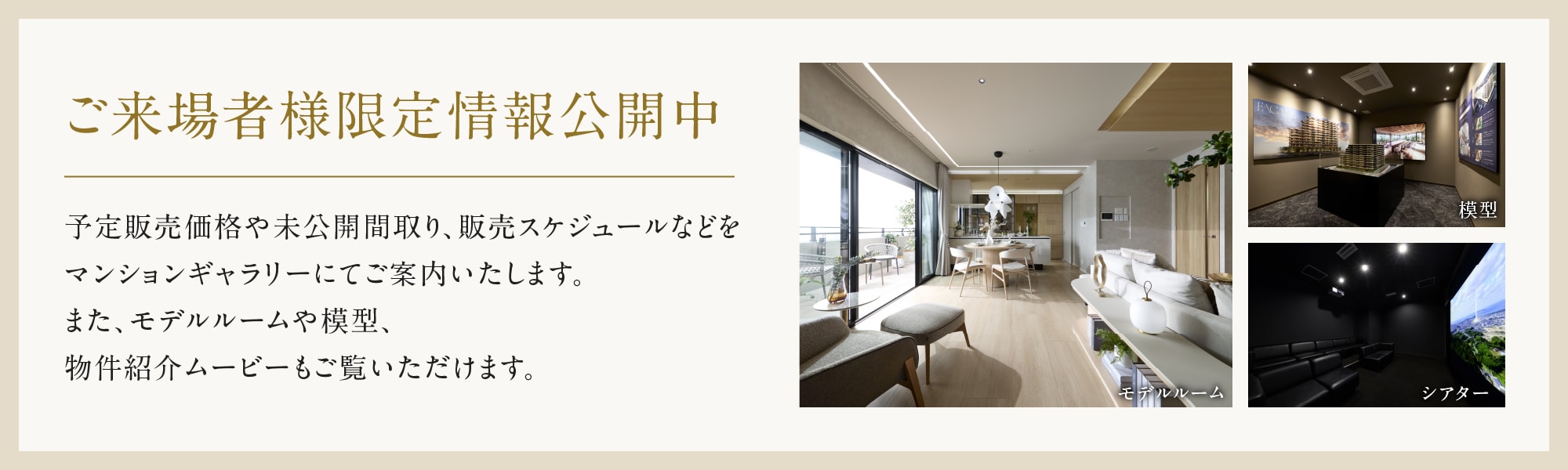 ご来場者様限定情報公開中 予約販売価格や未公開間取り、販売スケジュールなどをマンションギャラリーにてご案内いたします。また、モデルルームや模型、物件紹介ムービーもご覧いただけます。